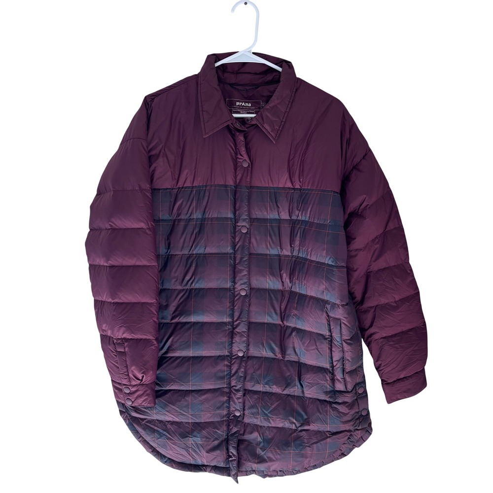 prAna Women Globe Thistle Burgundy Plaid Down Puffer Shirt Jacket Shacket Size L